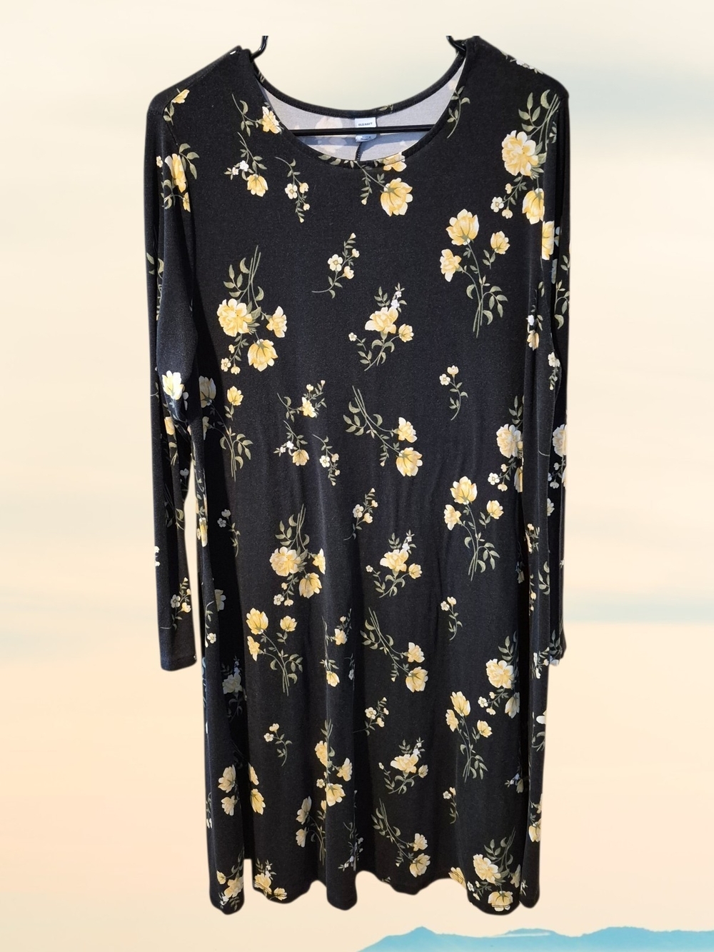 Old Navy Black Long-Sleeve Floral Swing Dress with Yellow Blossoms